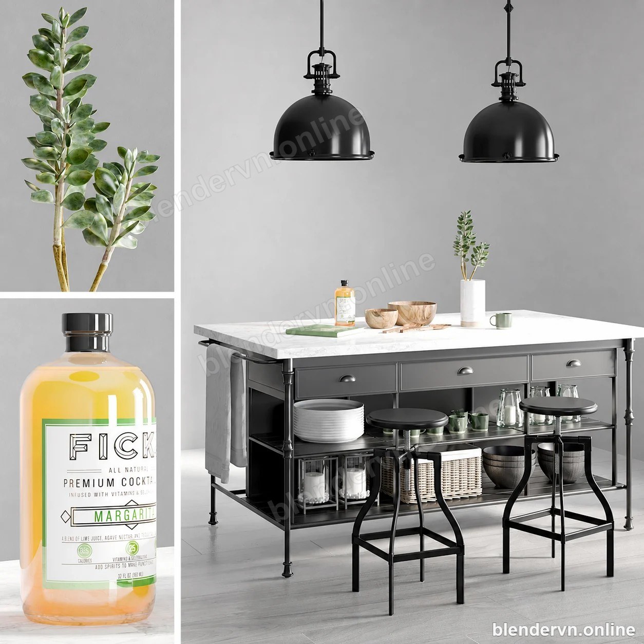 Model 3D Nội thất industrial-kitchen-island-with-stools-pendant-lights cho Blender archviz — file .blend, vật liệu PBR Cycles