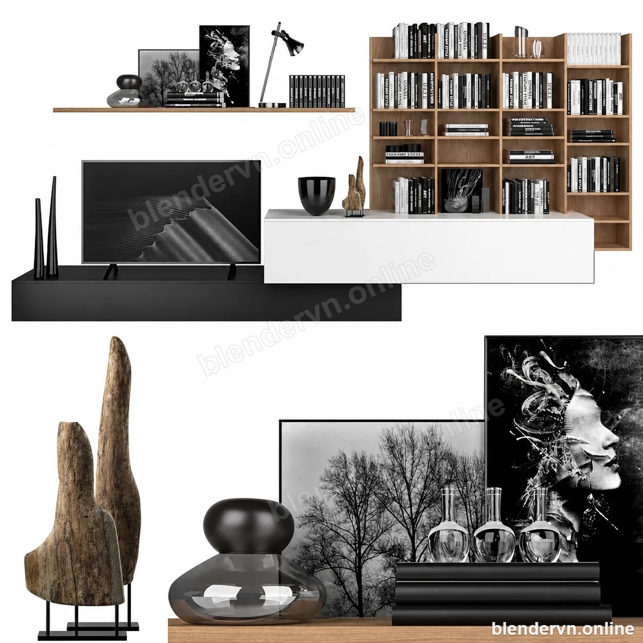 Model 3D Nội thất Verona Modular Oak Media Wall Set cho Blender archviz — file .blend, vật liệu PBR Cycles