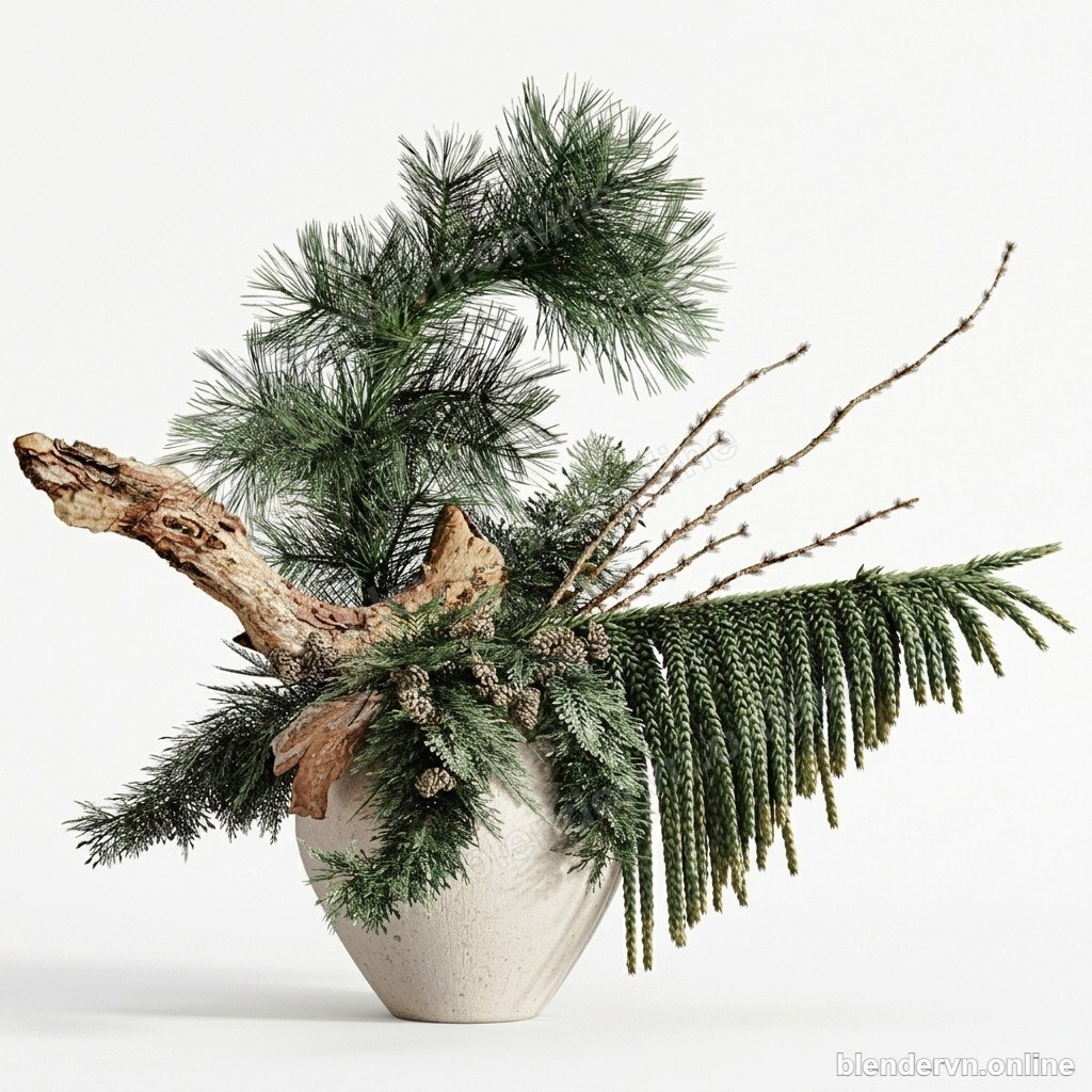 Model 3D Trang trí Modern Silver Vase with Pine Branch cho Blender archviz — file .blend, vật liệu PBR Cycles
