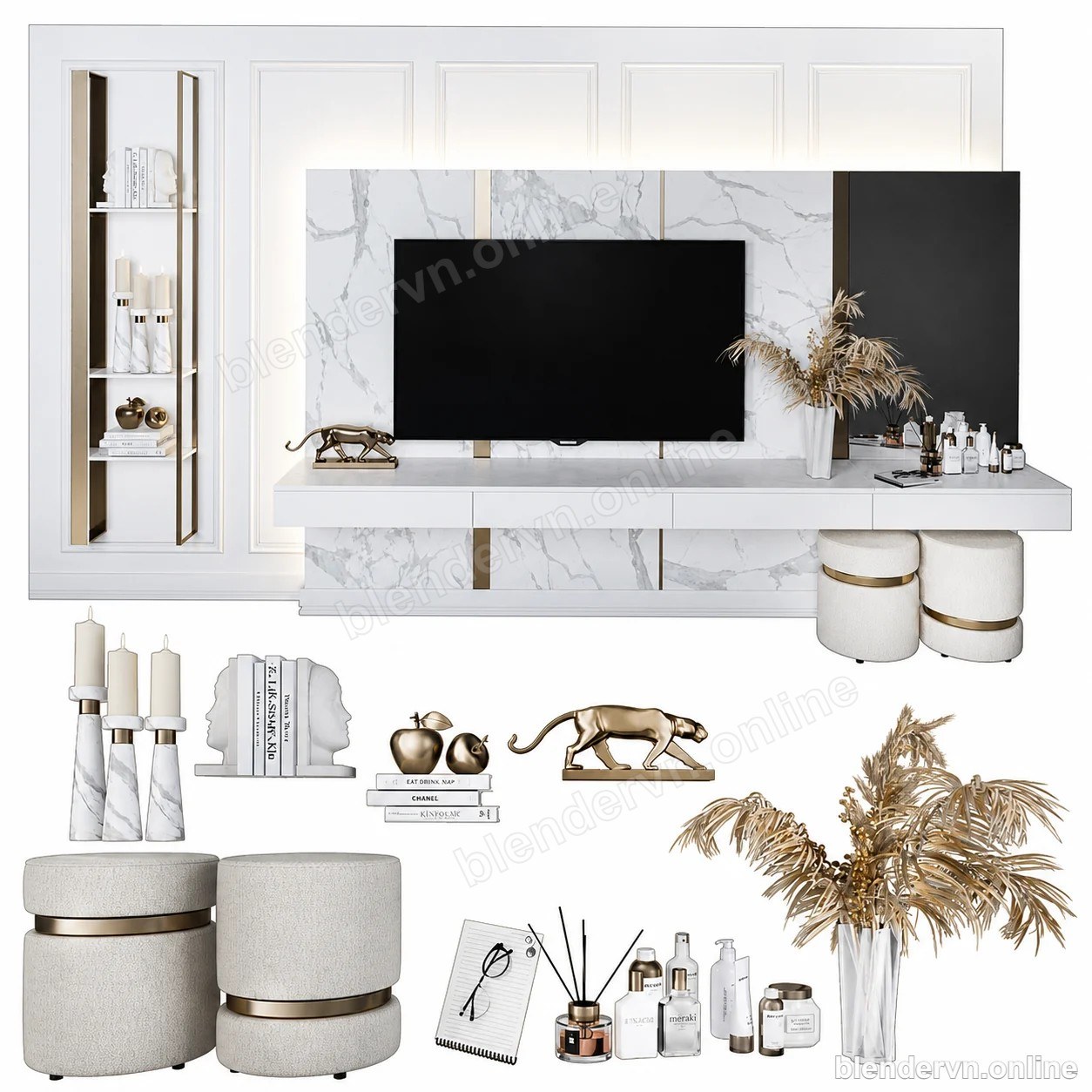 Model 3D Nội thất Aurelia Marble TV & Dressing Console cho Blender archviz — file .blend, vật liệu PBR Cycles