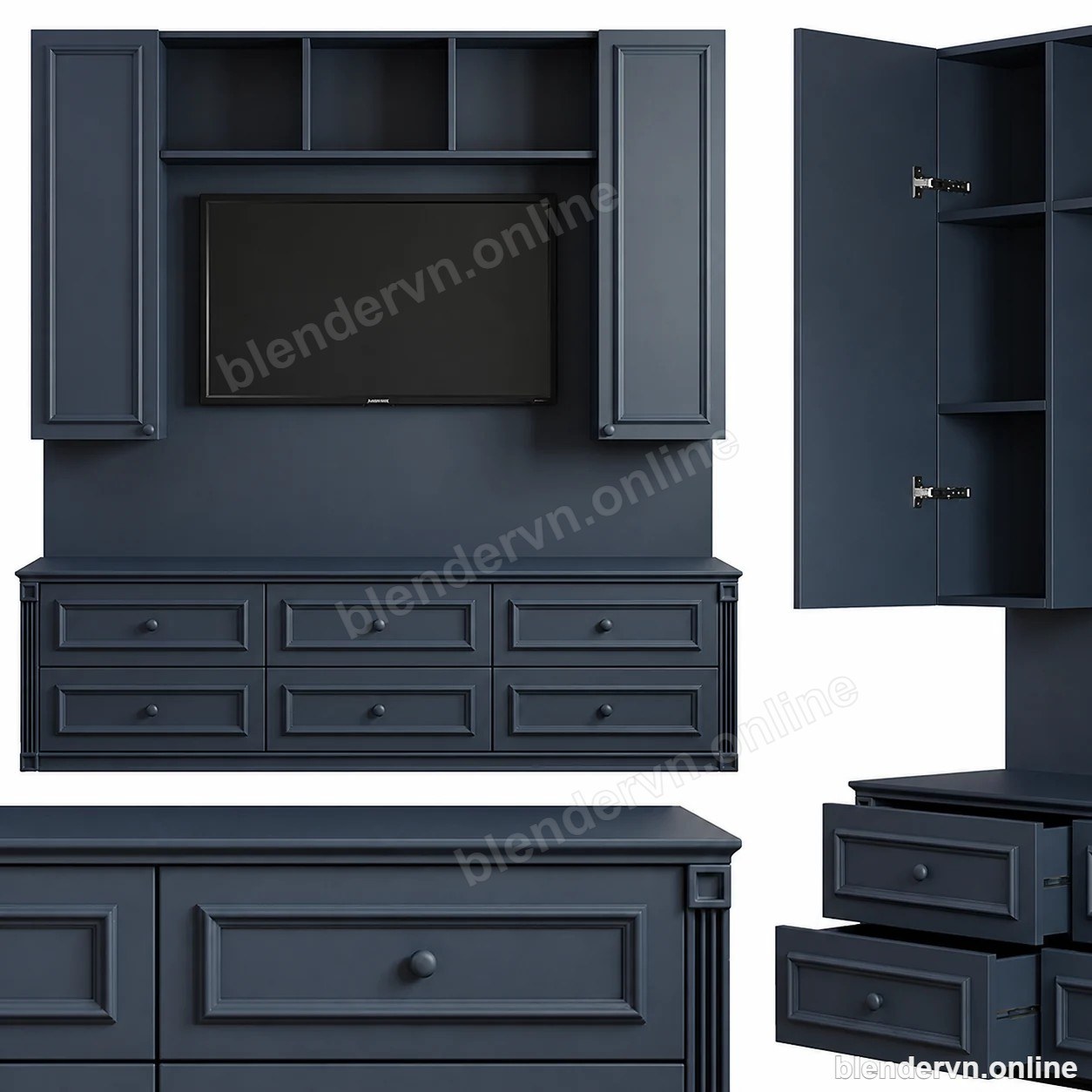 Model 3D Nội thất Modern Dark Blue Furniture Set with TV cho Blender archviz — file .blend, vật liệu PBR Cycles