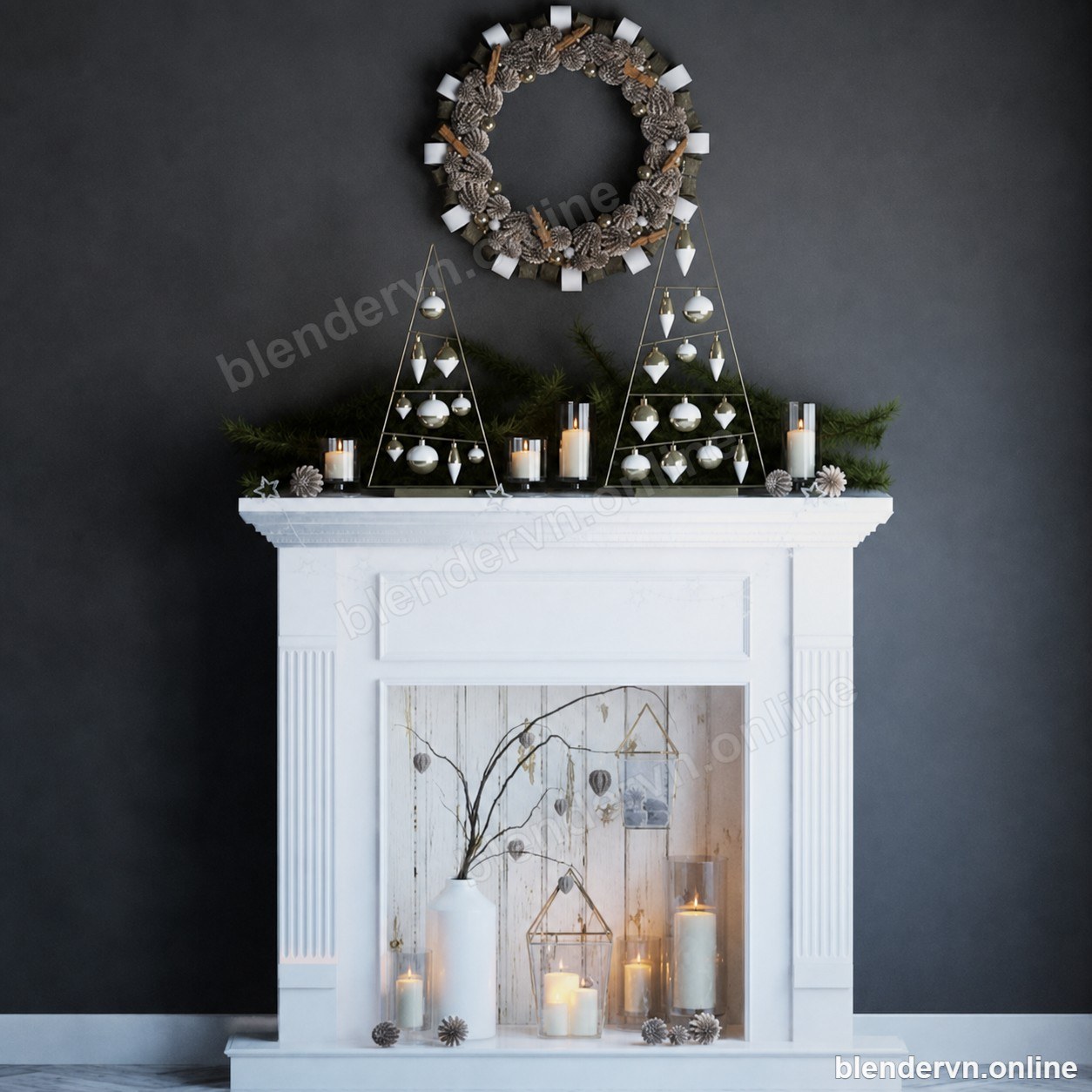 Model 3D Trang trí Rustic White Fireplace Mantel Decor Set cho Blender archviz — file .blend, vật liệu PBR Cycles