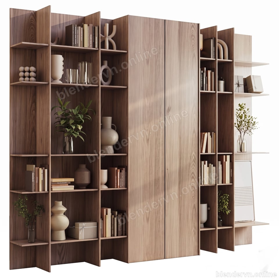 Model 3D Nội thất Modern Wooden Bookshelf with Decor cho Blender archviz — file .blend, vật liệu PBR Cycles