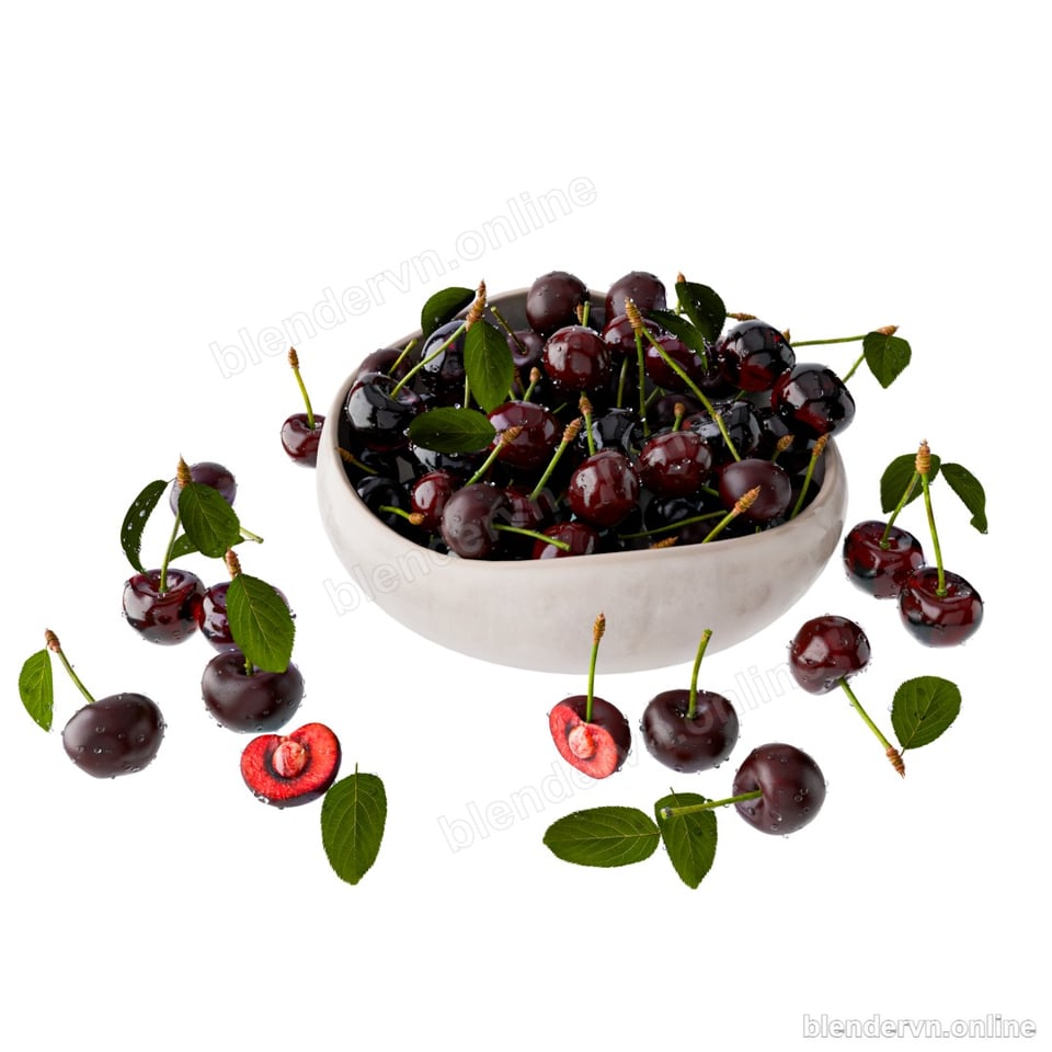 Model 3D Trang trí Modern Ceramic Bowl with Cherries and Vase cho Blender archviz — file .blend, vật liệu PBR Cycles