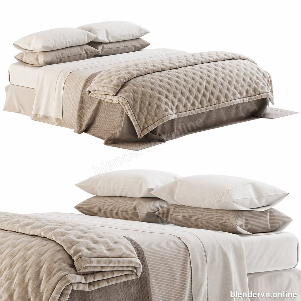 Model 3D Linen Bedding with Quilted Plaid cho Blender archviz — file .blend, vật liệu PBR Cycles