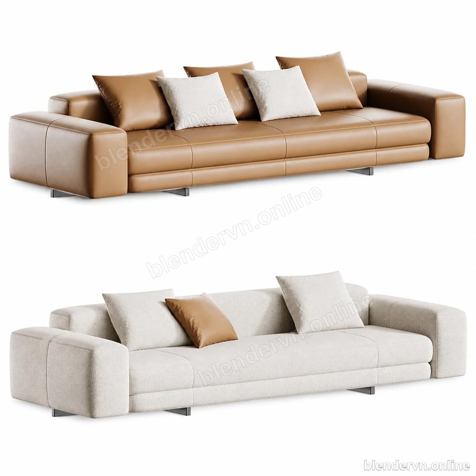 Model 3D Nội thất Modern Beige Leather Couch Set cho Blender archviz — file .blend, vật liệu PBR Cycles