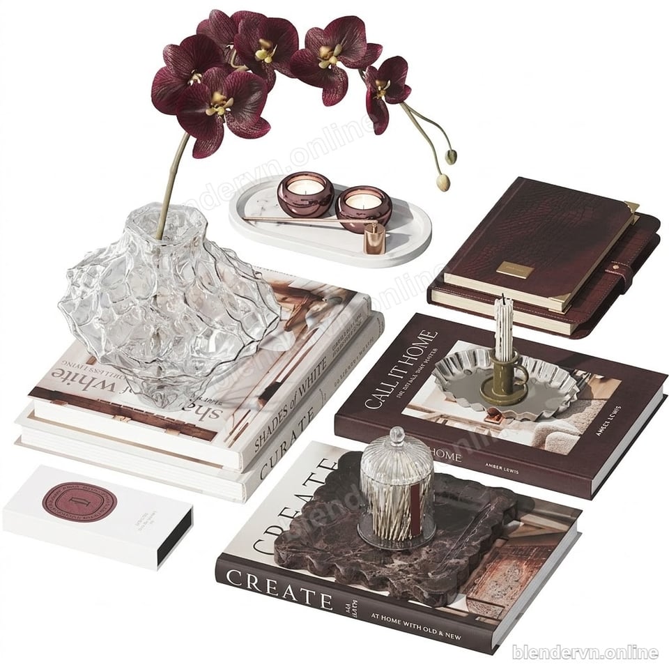Model 3D Trang trí Modern Living Room Decor Set — Vases & Books cho Blender archviz — file .blend, vật liệu PBR Cycles