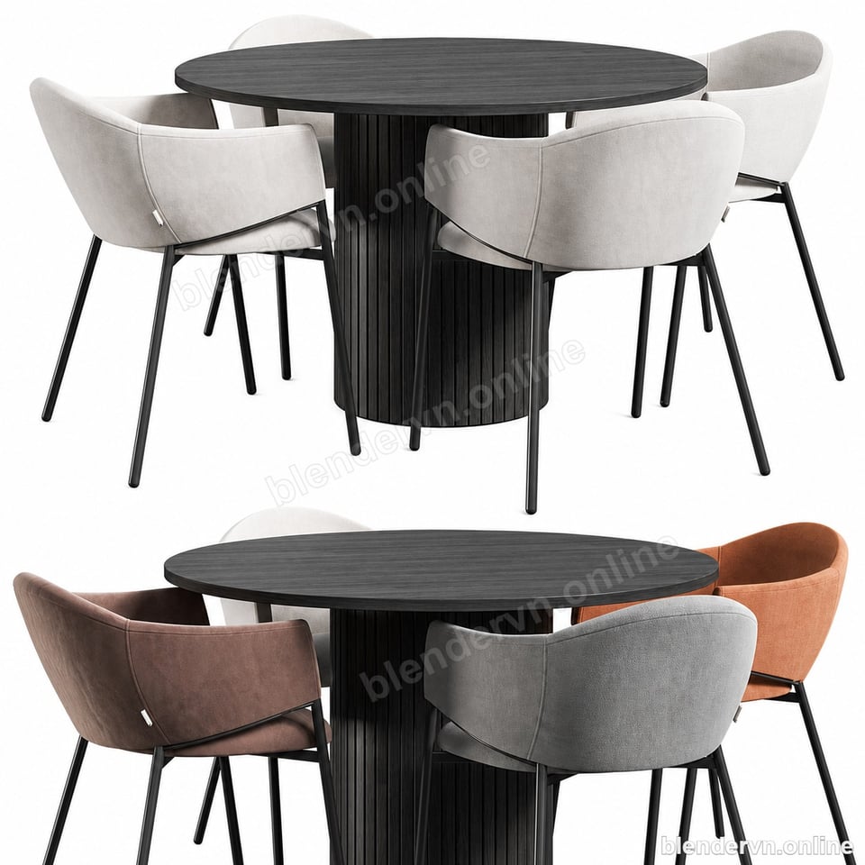 Model 3D Fluted Pedestal Round Dining Set with Curved Upholstered Chairs cho Blender archviz — file .blend, vật liệu PBR Cycles