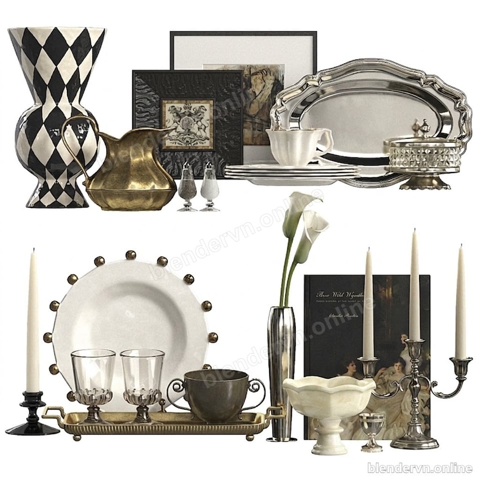 Model 3D Trang trí Modern Decor Set — Glass & Metal Accents cho Blender archviz — file .blend, vật liệu PBR Cycles