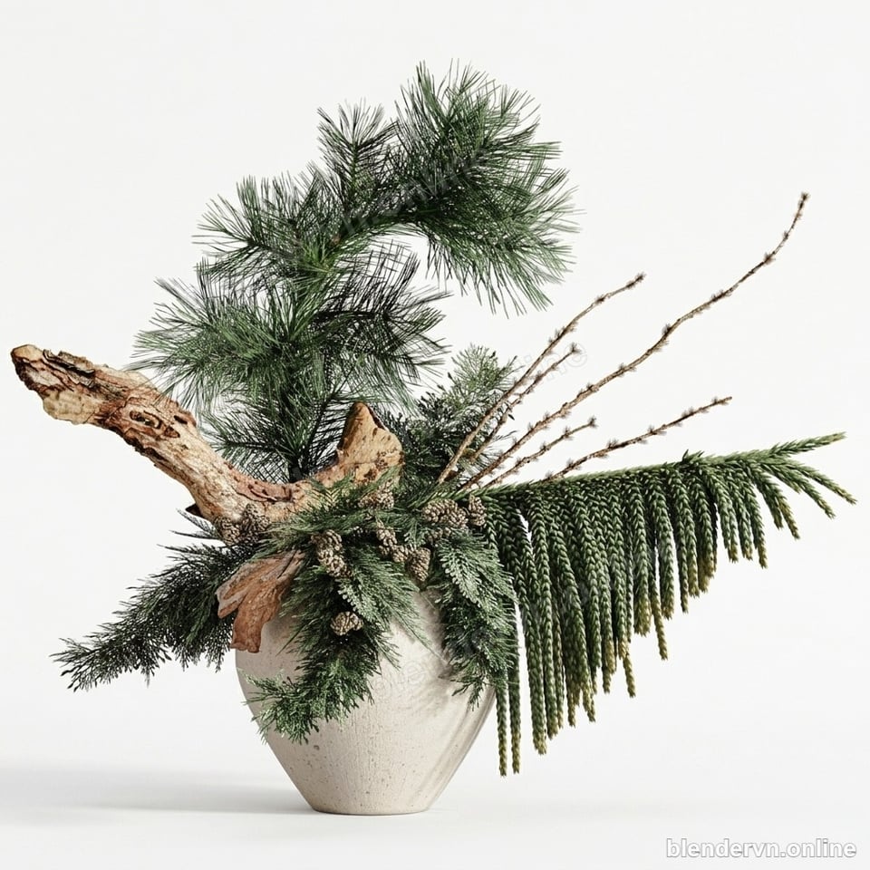 Model 3D Trang trí Modern Silver Vase with Pine Branch cho Blender archviz — file .blend, vật liệu PBR Cycles