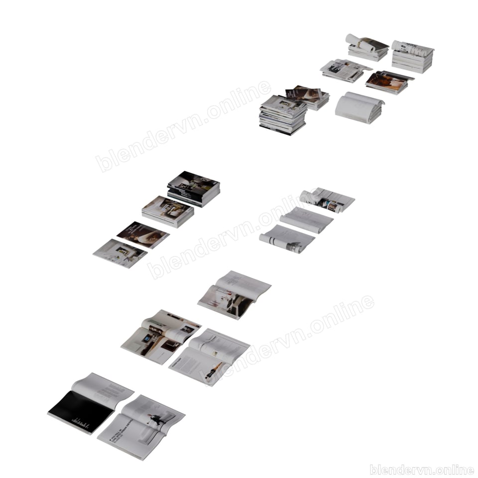 Model 3D Trang trí Book Assets cho Blender archviz — file .blend, vật liệu PBR Cycles (góc nhìn 3)