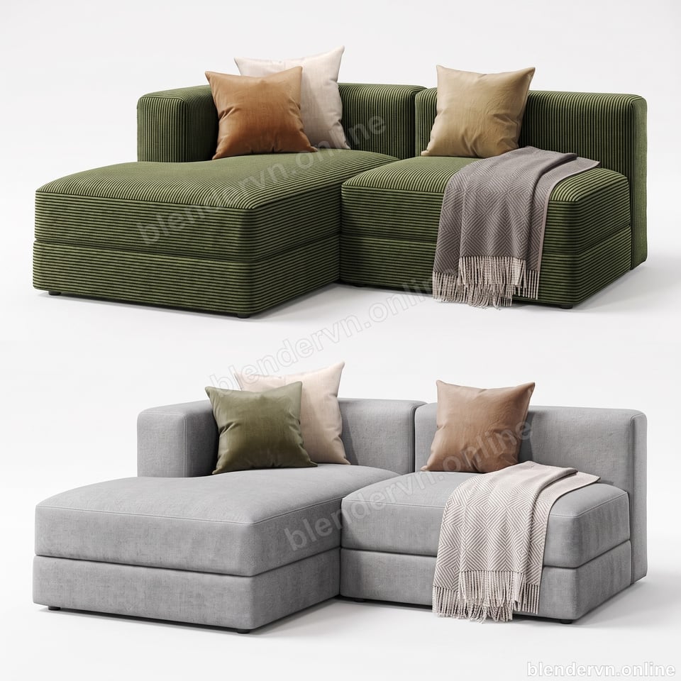 Model 3D Nội thất Modern Green Couch Set with Ottomans cho Blender archviz — file .blend, vật liệu PBR Cycles