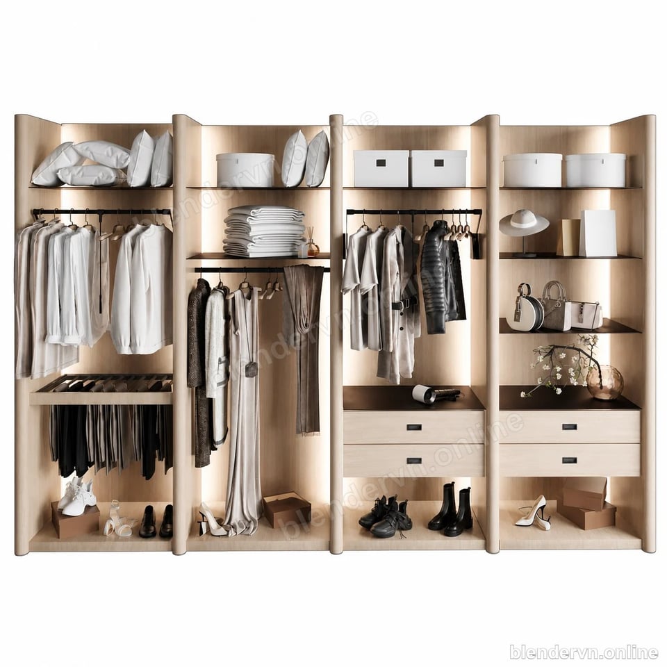 Model 3D lumiere-oak-open-wardrobe-system cho Blender archviz — file .blend, vật liệu PBR Cycles