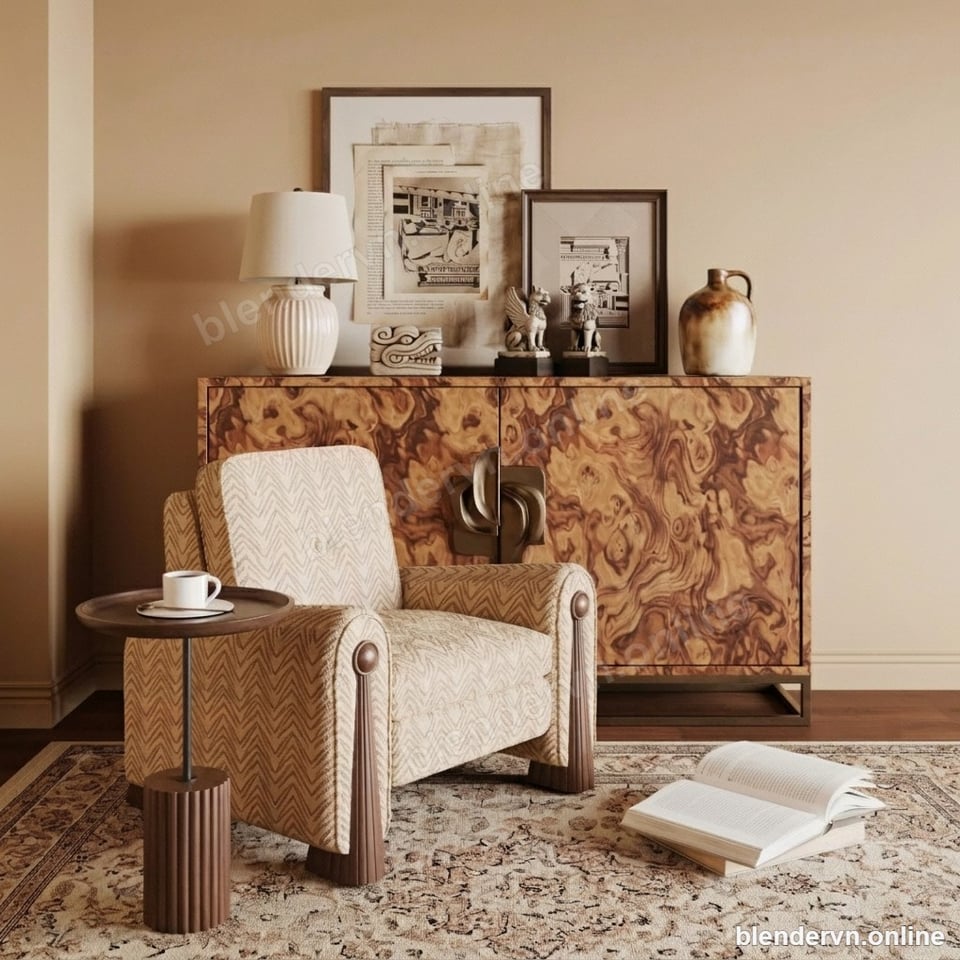 Model 3D Nội thất Modern Living Room Set — Chair, Table, Vases cho Blender archviz — file .blend, vật liệu PBR Cycles