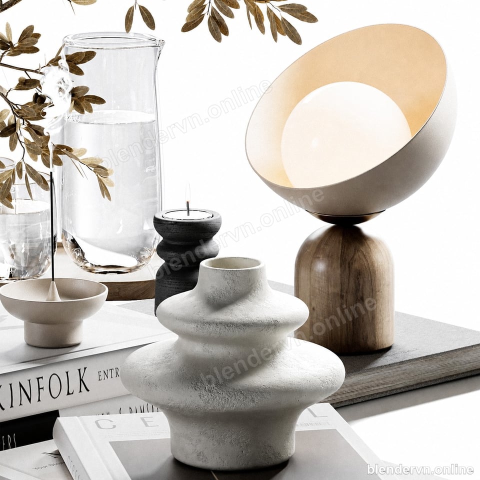 Model 3D Trang trí Organic Earth-Tone Tabletop Decor Set cho Blender archviz — file .blend, vật liệu PBR Cycles (góc nhìn 3)