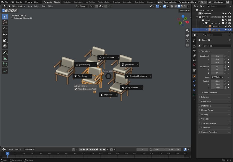 Group Pie Ctrl G trên một Local Group, hiện Edit Group, Add Instance, Properties, Ungroup và Make Instances Real