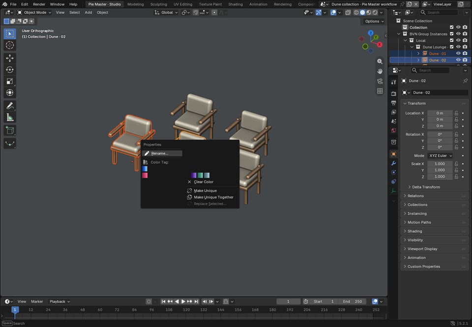Menu Properties của Group có Make Unique, Make Unique Together và Replace Selected cho các instance đang chọn