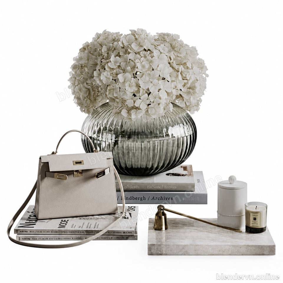 Model 3D Trang trí Smoky Glass & Hydrangea Decor cho Blender archviz — file .blend, vật liệu PBR Cycles