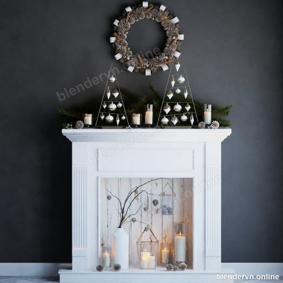 Model 3D Trang trí Rustic White Fireplace Mantel Decor Set cho Blender archviz — file .blend, vật liệu PBR Cycles